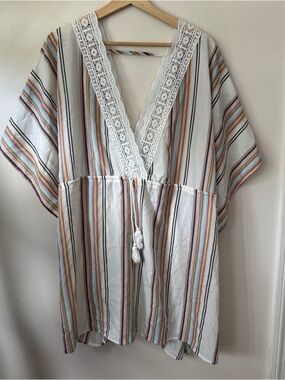Cupshe White Multi-Stripe Crochet V-Neck Swim Coverup